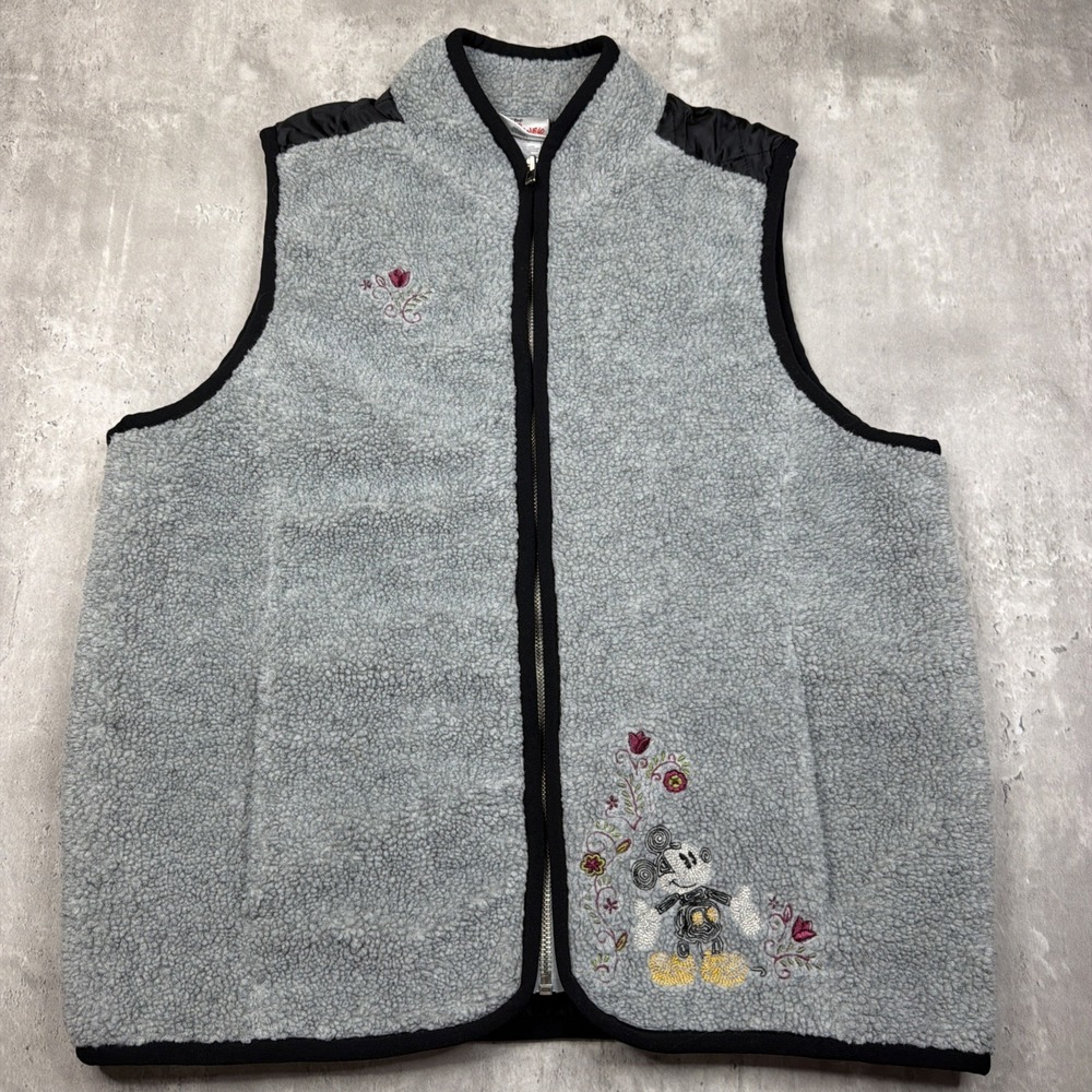 Disney Store Vest Adult L Fleece Gray Black Quilt Mickey Mouse Embroidered